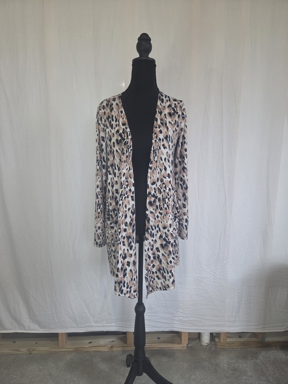 Leopard Print Open Front Cardigan Sweater - Beige/Black